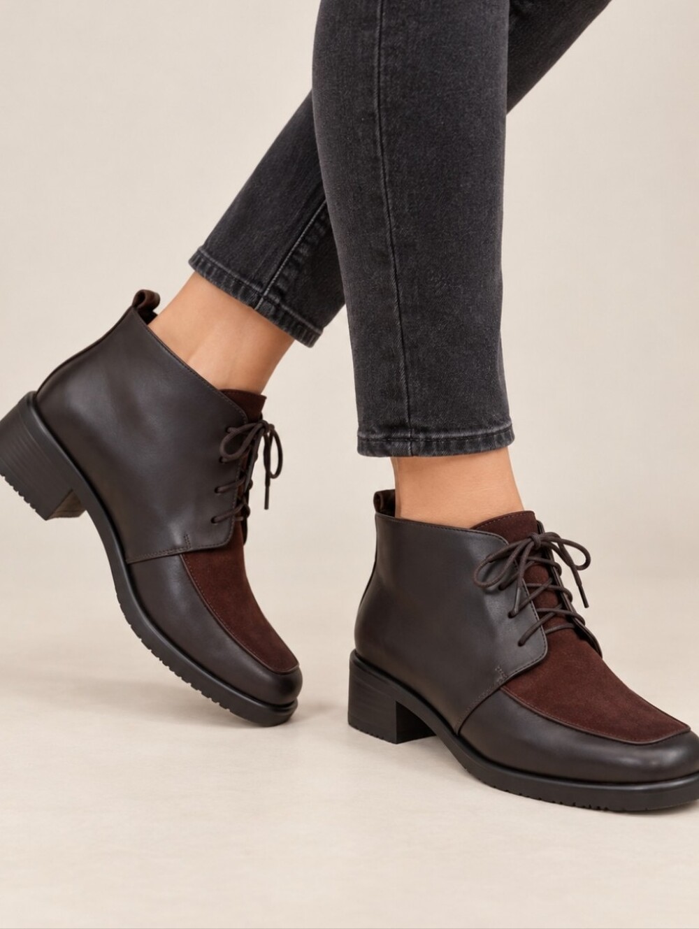 Paul Green Brown Leather and Suede Lace-Up Ankle Booties, Size UK 6/ US 8.5